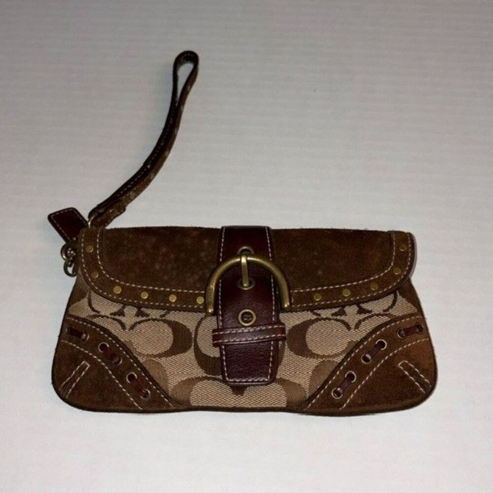 Coach SOHO Signature Monogram Suede Leather Buckle Wristlet Brown Tan Bag
